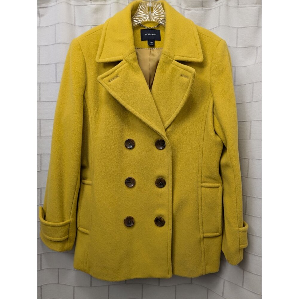 Double Breasted Pea Coat Lands' End Women's 12P Yellow Wool Blend w/flaws